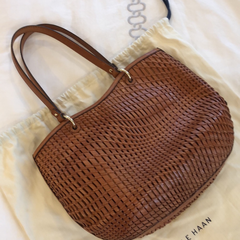 COLE HAAN Limited Edition Genevieve Open Weave Small Leather Tote in Woodbury